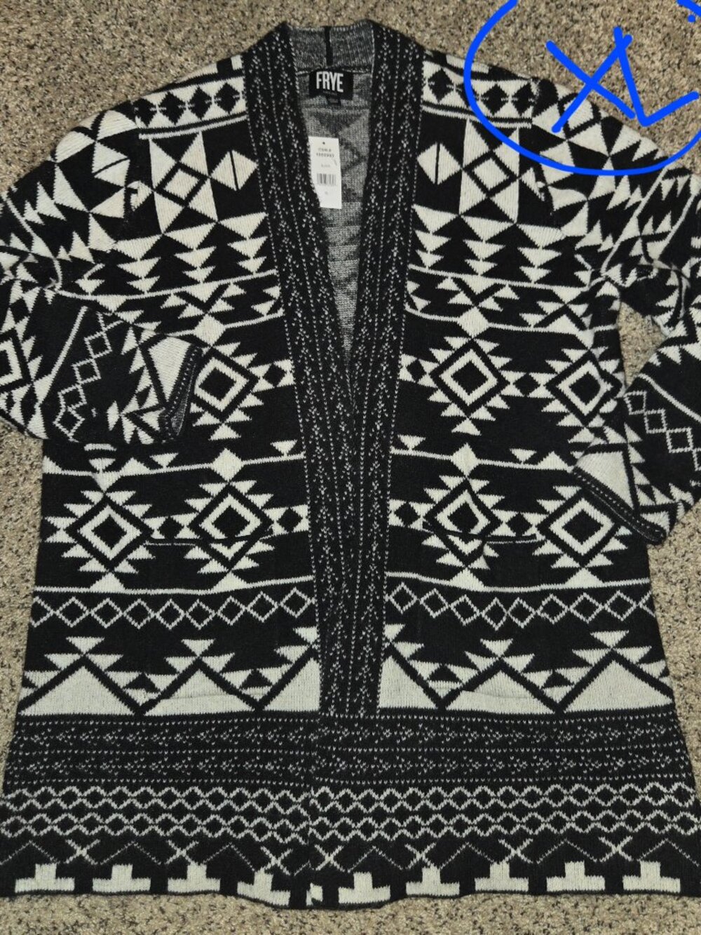NWT black & white pattern cardigan sweater from FRYE in a WOMEN'S size XL